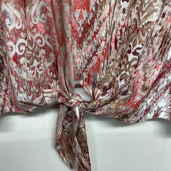 Chico's Pink and Cream 3/4 Sleeve Tie Front Blouse - Picture 3 of 10